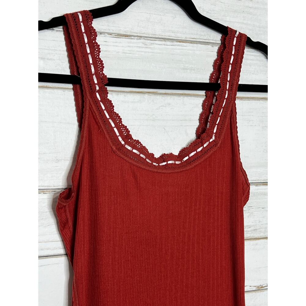 Free People Only You Red Ribbed Lace Trim Tank Top Size Medium Cami - Picture 9 of 9